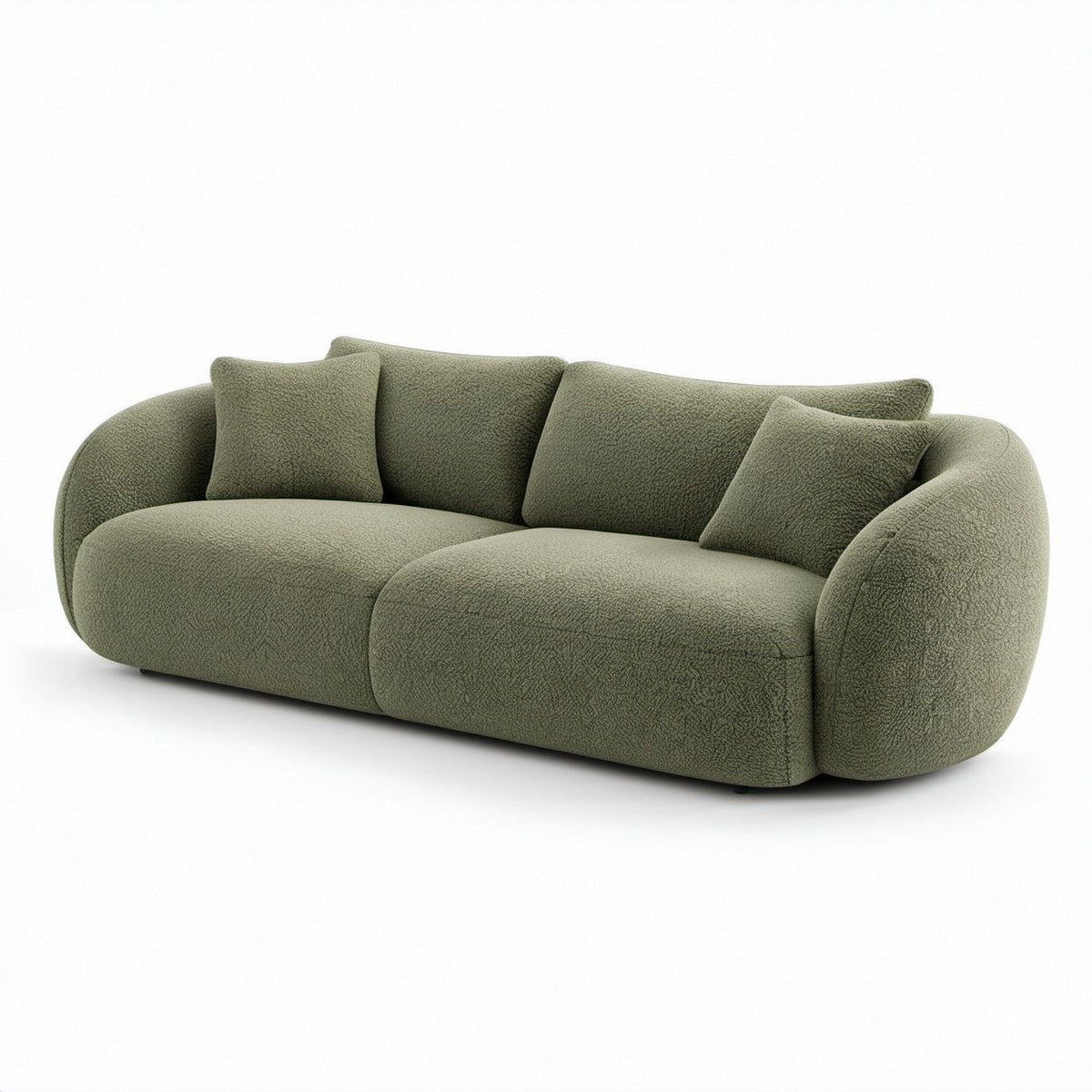 Sofá Curvo de 3 Lugares em Bouclé Verde-Oliva, 220 x 100 x 75 cm