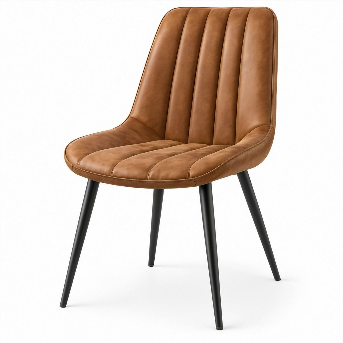 Cadeira de jantar estofada em couro sintético PU castanho com pernas de aço pretas, 48 x 58 x 85 cm