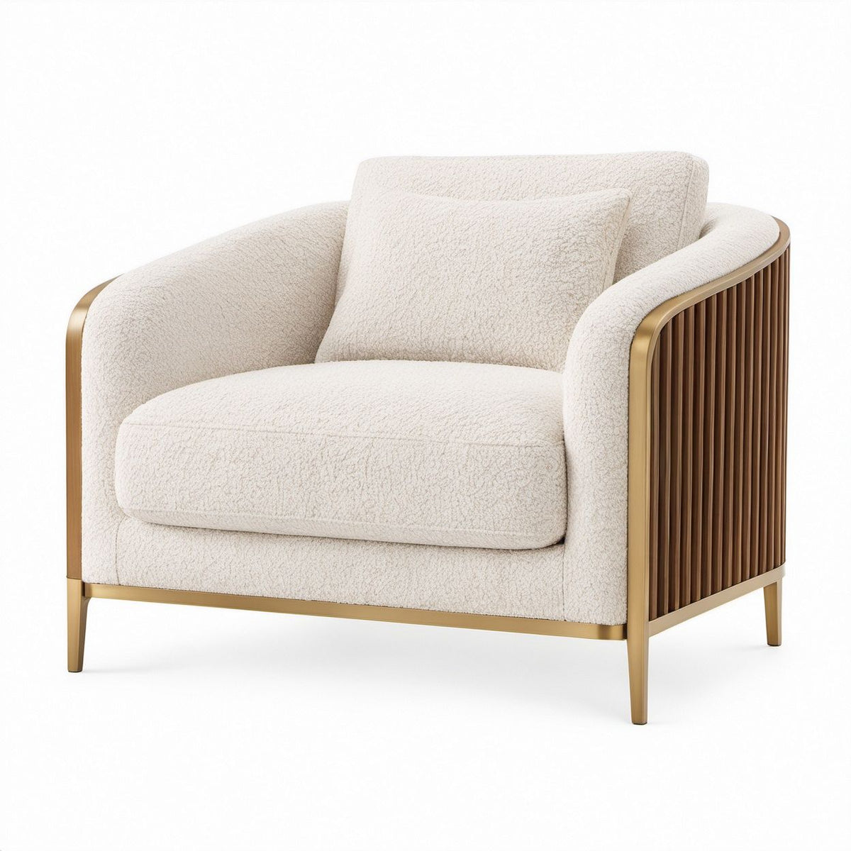 Poltrona Curva Creme, Castanha e Dourada em Bouclé de Poliéster com Estrutura de Madeira, 82 x 78 x 76 cm