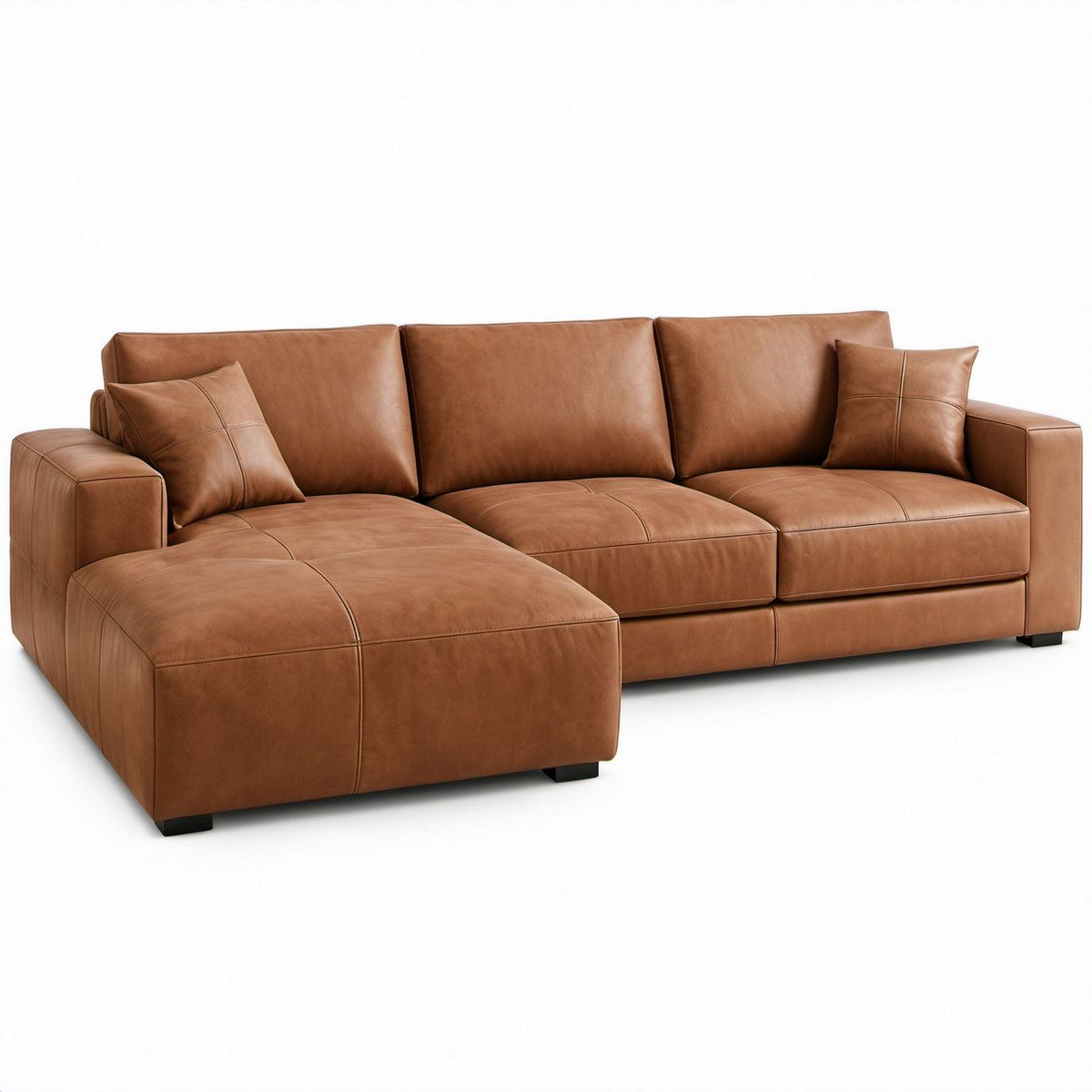 Sofá de canto com chaise longue à esquerda em couro sintético PU castanho, 280 x 165 x 85 cm